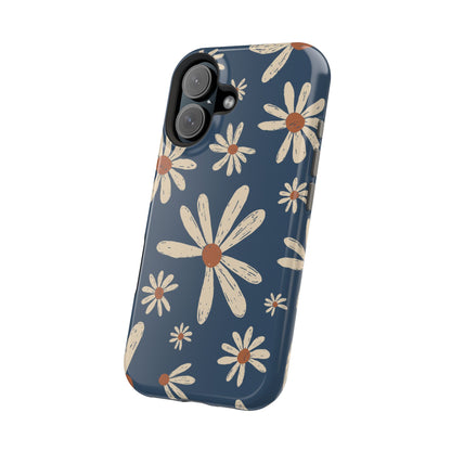 Vintage Daisies MagSafe iPhone Case – Navy Blue Floral Design, Scratch-Resistant with Shock-Absorbing Bumper