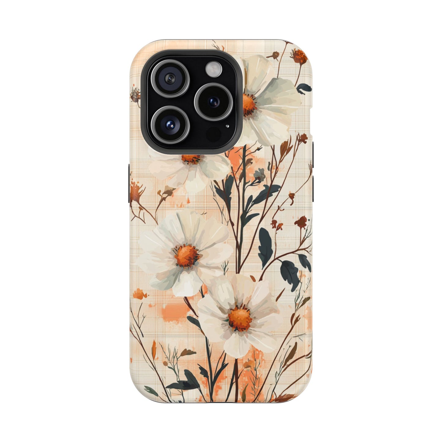 Pastel Orange Floral MagSafe iPhone Case - Elegant Plaid Protective Cover