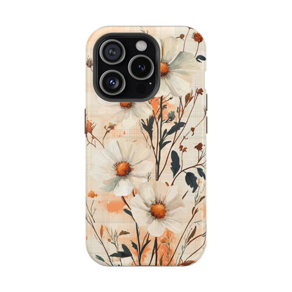 Pastel Orange Floral MagSafe iPhone Case - Elegant Plaid Protective Cover