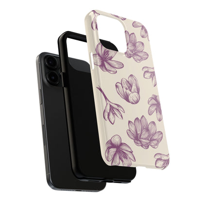 Vintage Botanical Floral Tough iPhone Case – Hand - Drawn Purple Flowers, Shockproof Design - BOGO Cases