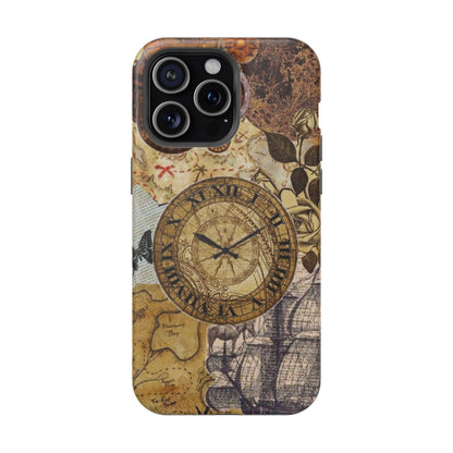 Steampunk Vintage Adventure MagSafe iPhone Case – Dual-Layer Protection with Antique Map and Clock Design