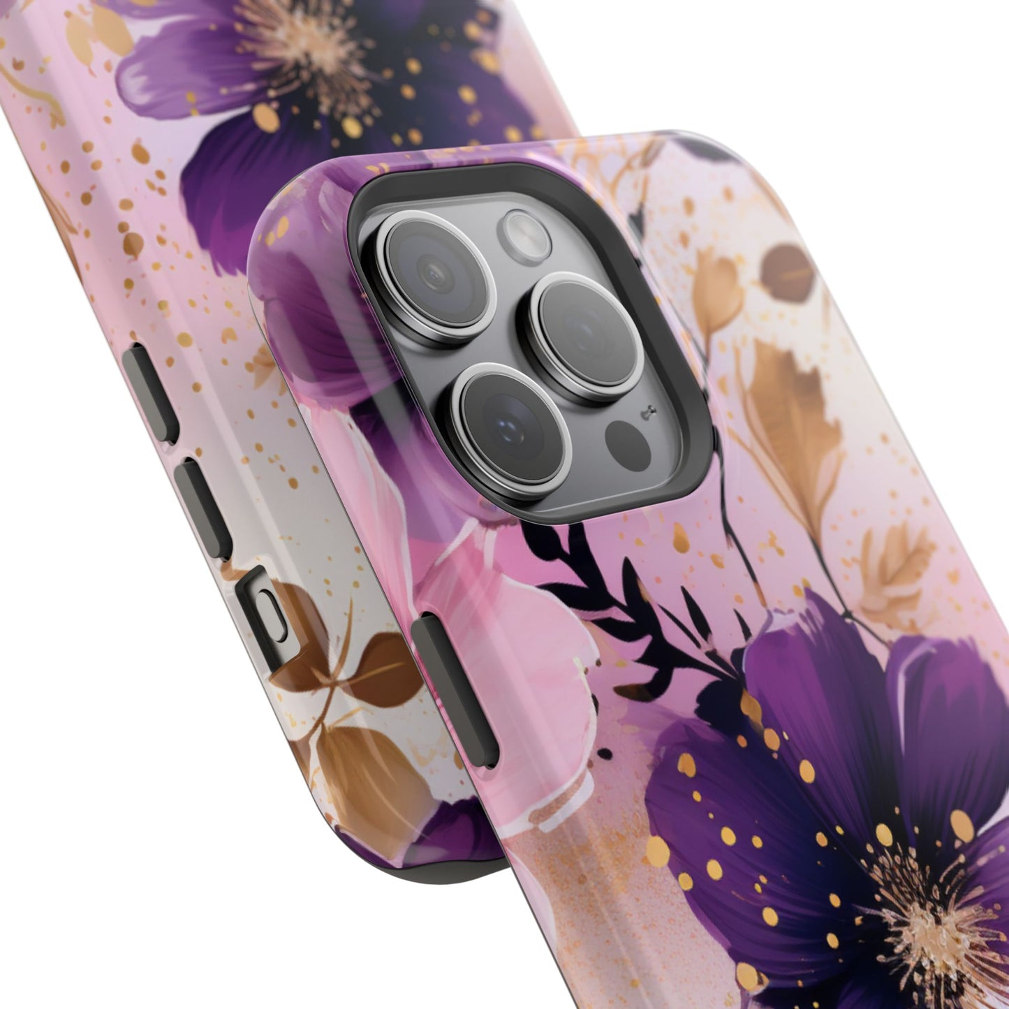 Elegant Purple & Gold Floral MagSafe iPhone Case - Luxe Flower Design