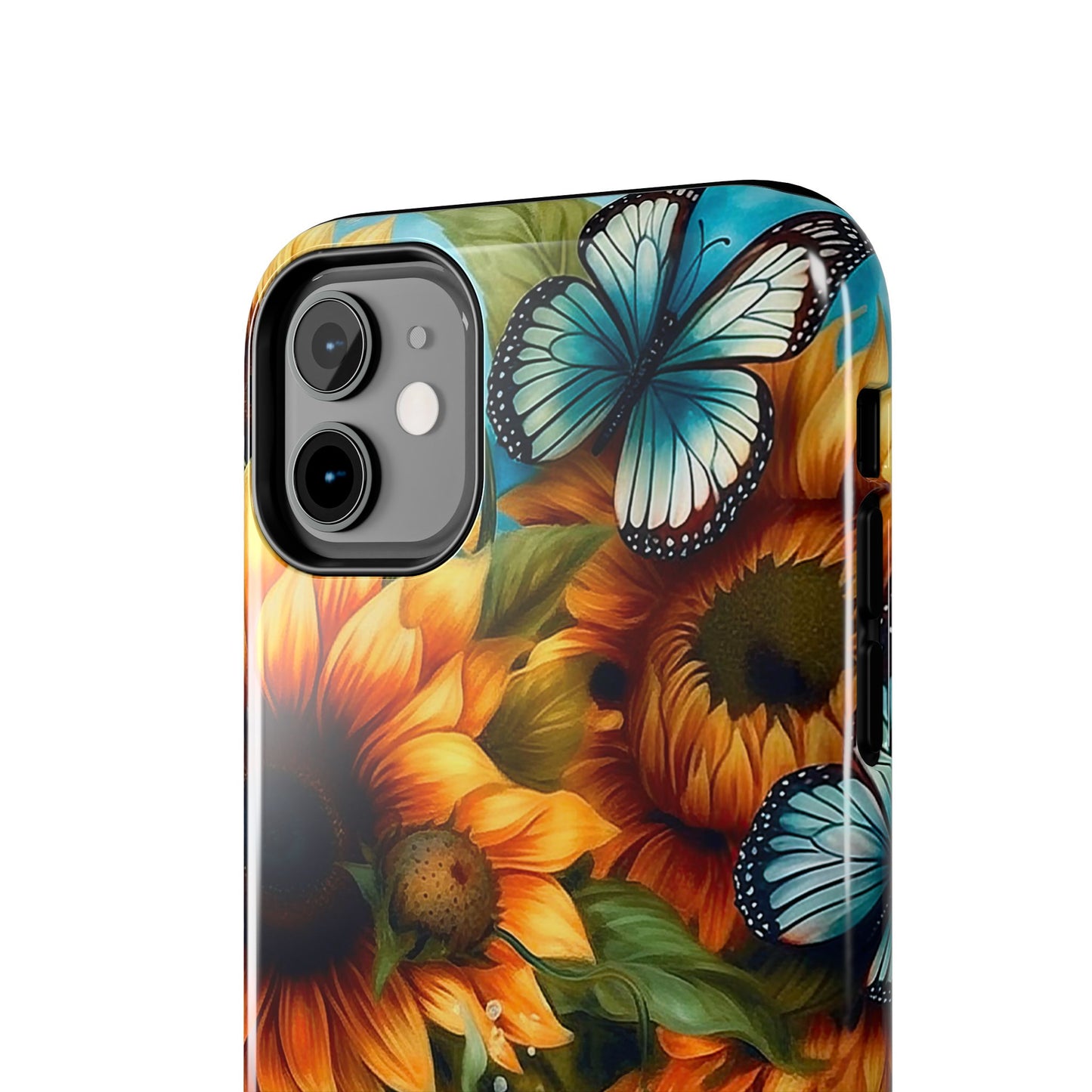 Aqua Blue Butterfly & Sunflower Art – iPhone Case