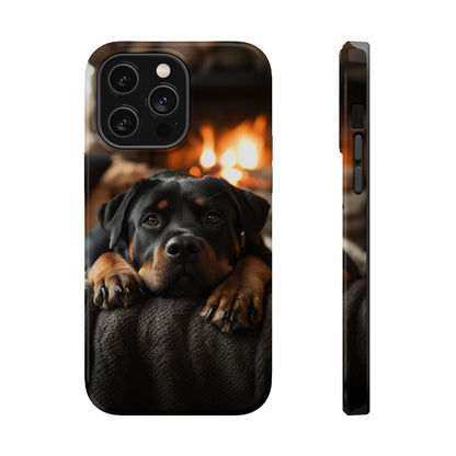 Cozy Rottweiler by the Fireplace MagSafe iPhone Case – Warm Rustic Design