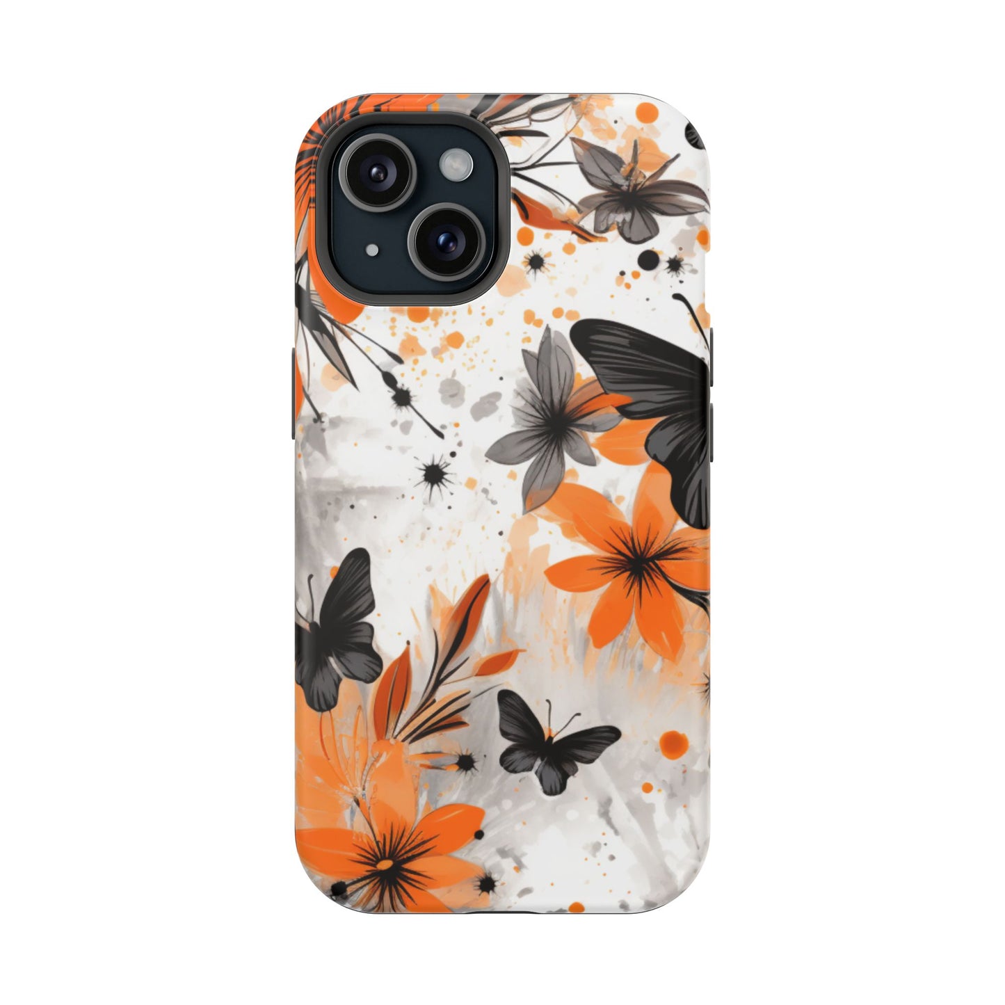 Orange Blossom & Black Butterfly MagSafe iPhone Case – Bold Floral Pattern with Modern Abstract Style