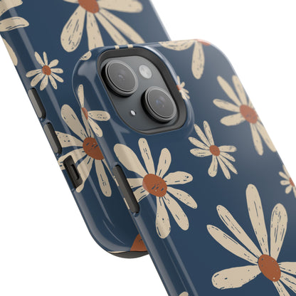 Vintage Daisies MagSafe iPhone Case – Navy Blue Floral Design, Scratch-Resistant with Shock-Absorbing Bumper