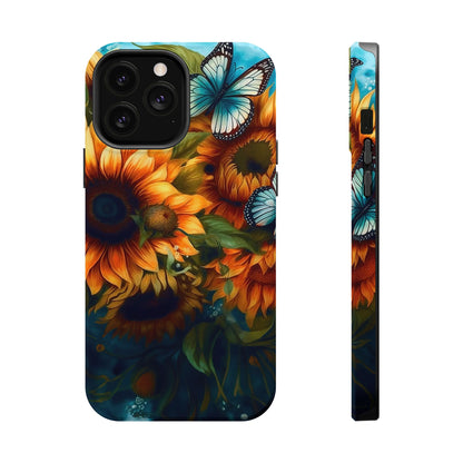 Aqua Blue Butterfly & Sunflower Art – MagSafe iPhone Case