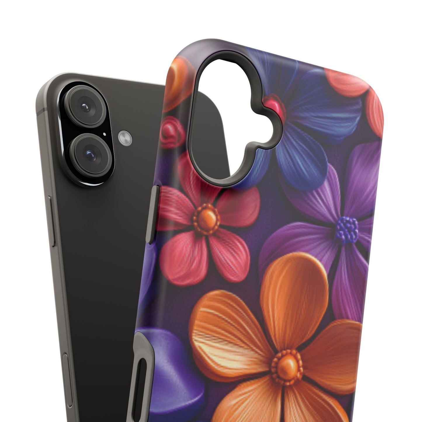 Bold Floral 3D MagSafe iPhone Case – Vivid Purple and Orange Flower Design, Shock-Resistant