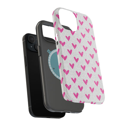 Pink Hearts on Glitter Silver – MagSafe iPhone Case