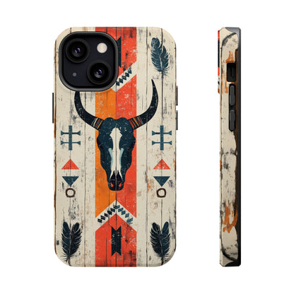 Rustic Western Bull Skull Tough MagSafe iPhone Case – Distressed Wood Design, Dual-Layer Protection