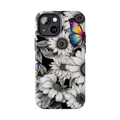 Rainbow Butterflies & Monochrome Sunflowers – iPhone Case