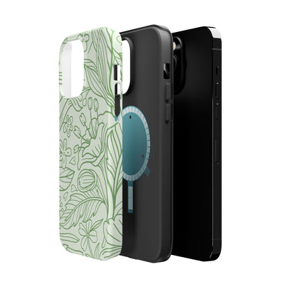 Sage Green Floral Line Art Tough MagSafe iPhone Case – Minimalist Botanical Design with Dual-Layer Protection