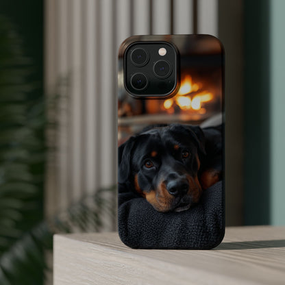 Charming Rottweiler by the Fireplace MagSafe iPhone Case – Cozy & Functional Design