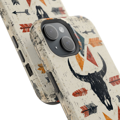 Tribal Bull Skull & Arrows Tough MagSafe iPhone Case – Rustic Western Design, Dual-Layer Protection