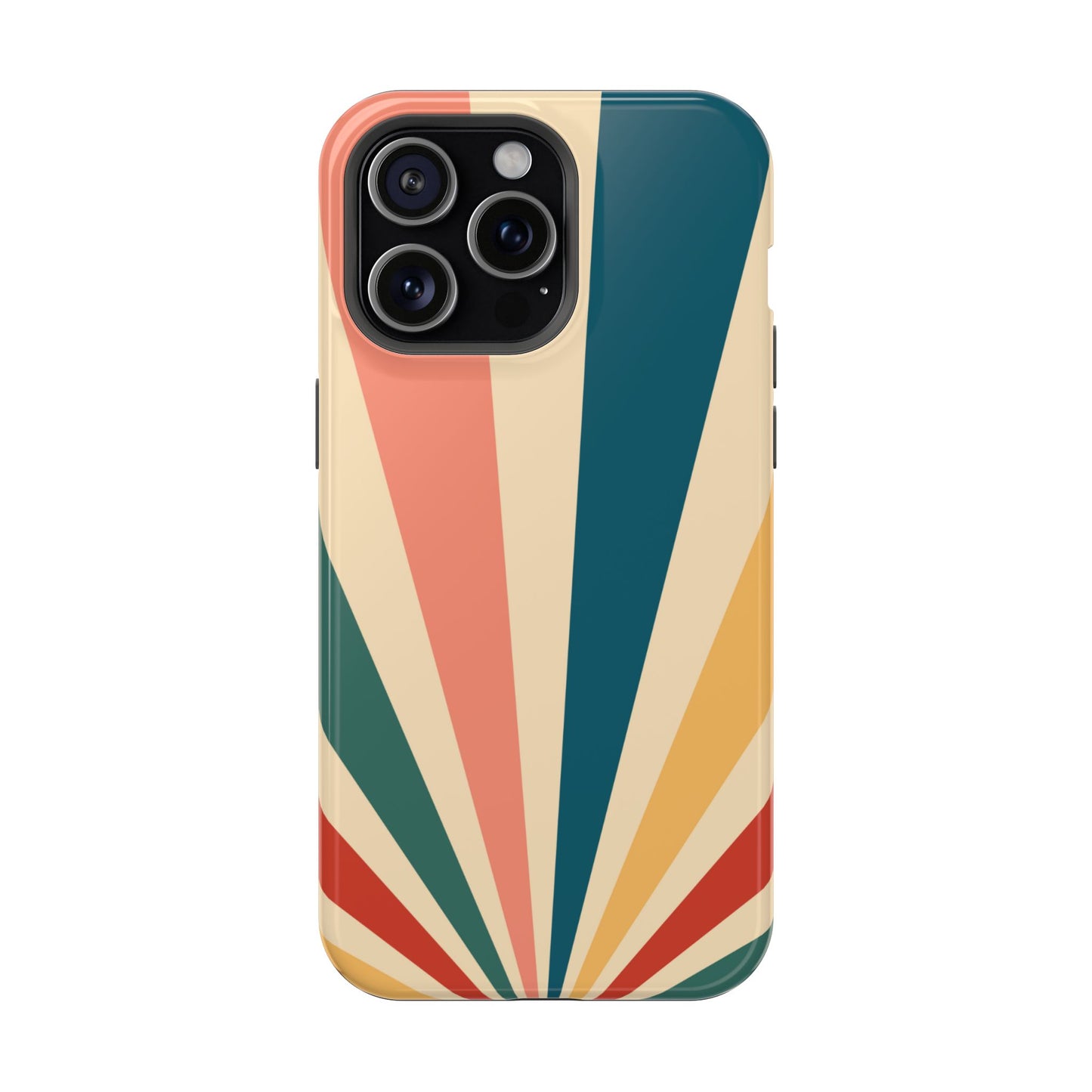 Retro Sunbeam MagSafe iPhone Case – 70s-Inspired Radiating Stripes in Coral, Teal, and Mustard