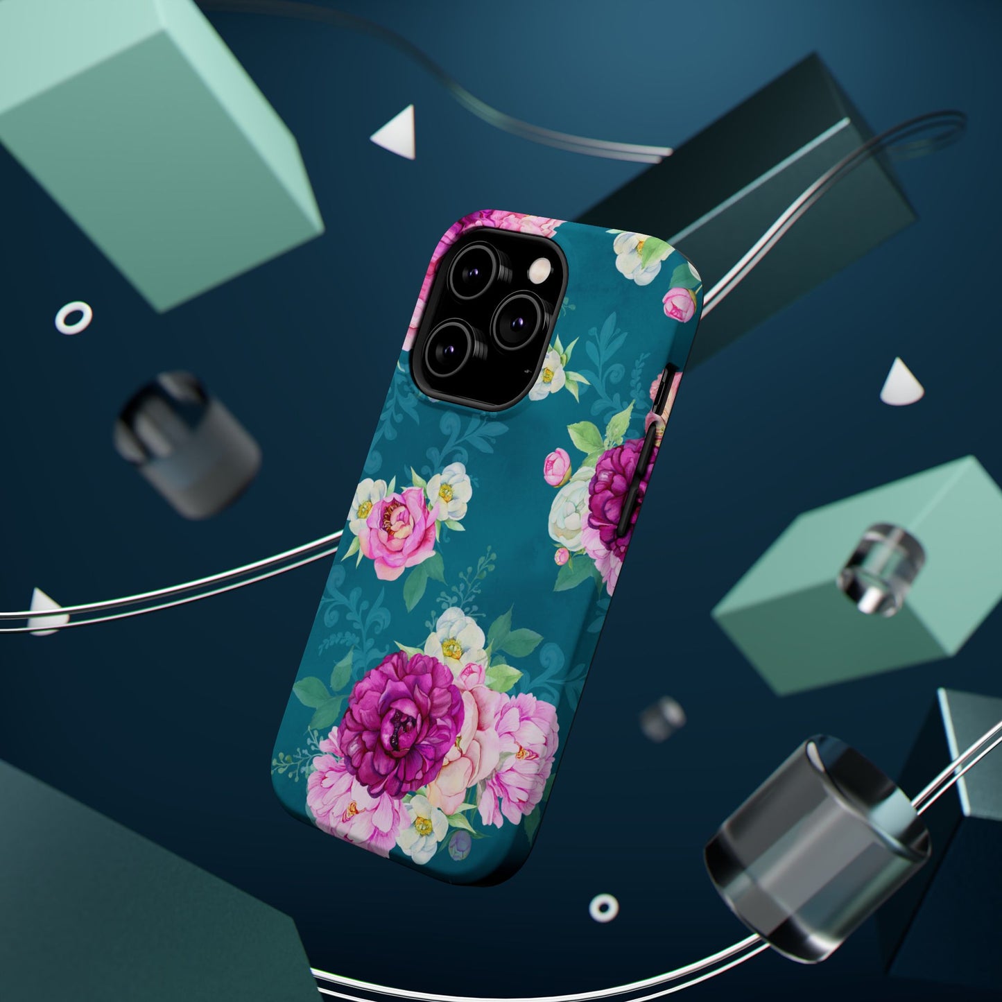 Elegant Peony Bouquet MagSafe iPhone Case – Deep Teal Background with Romantic Floral Design