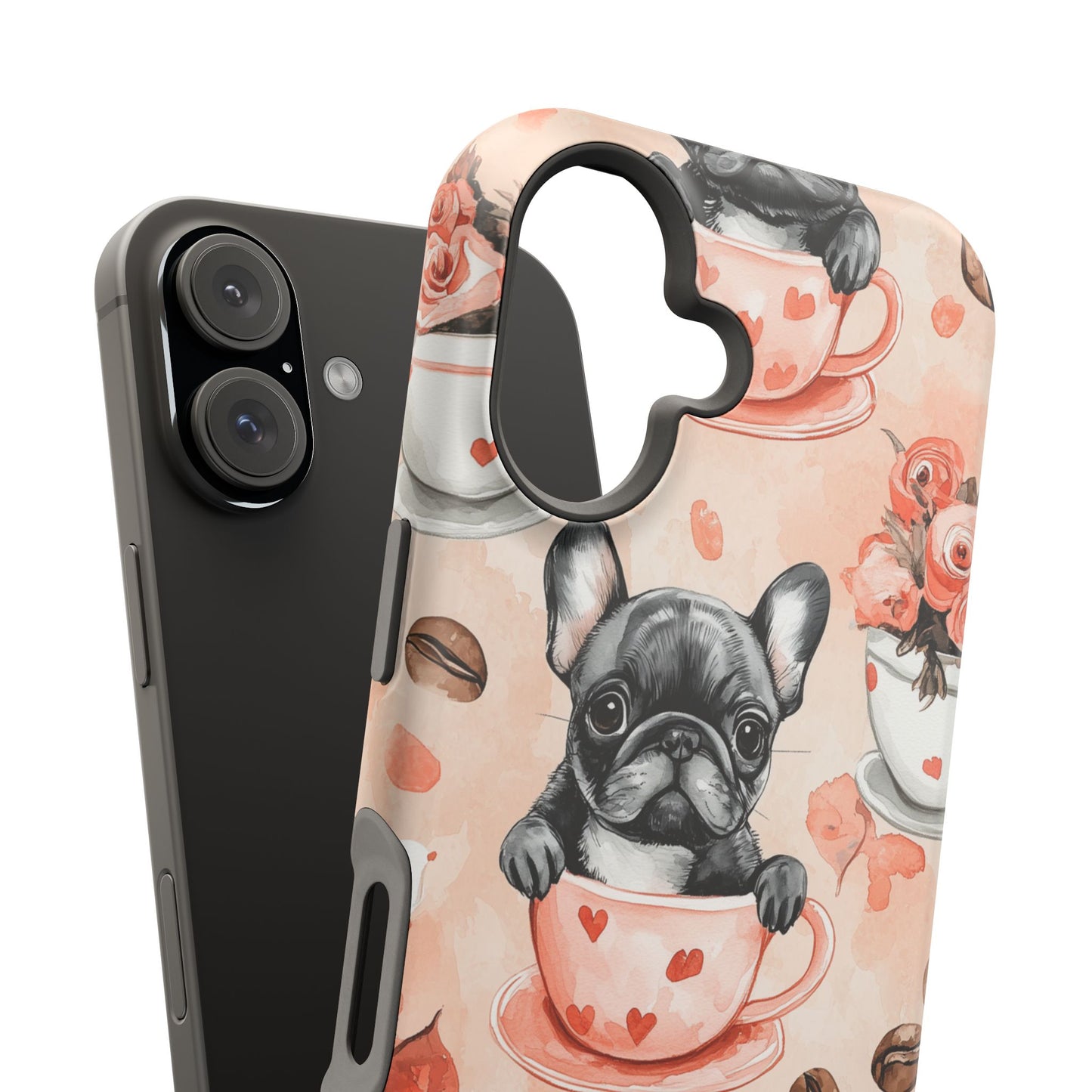 French Bulldogs in Heart Teacups MagSafe iPhone Case – Cute Dog & Floral Design, Shockproof Protection