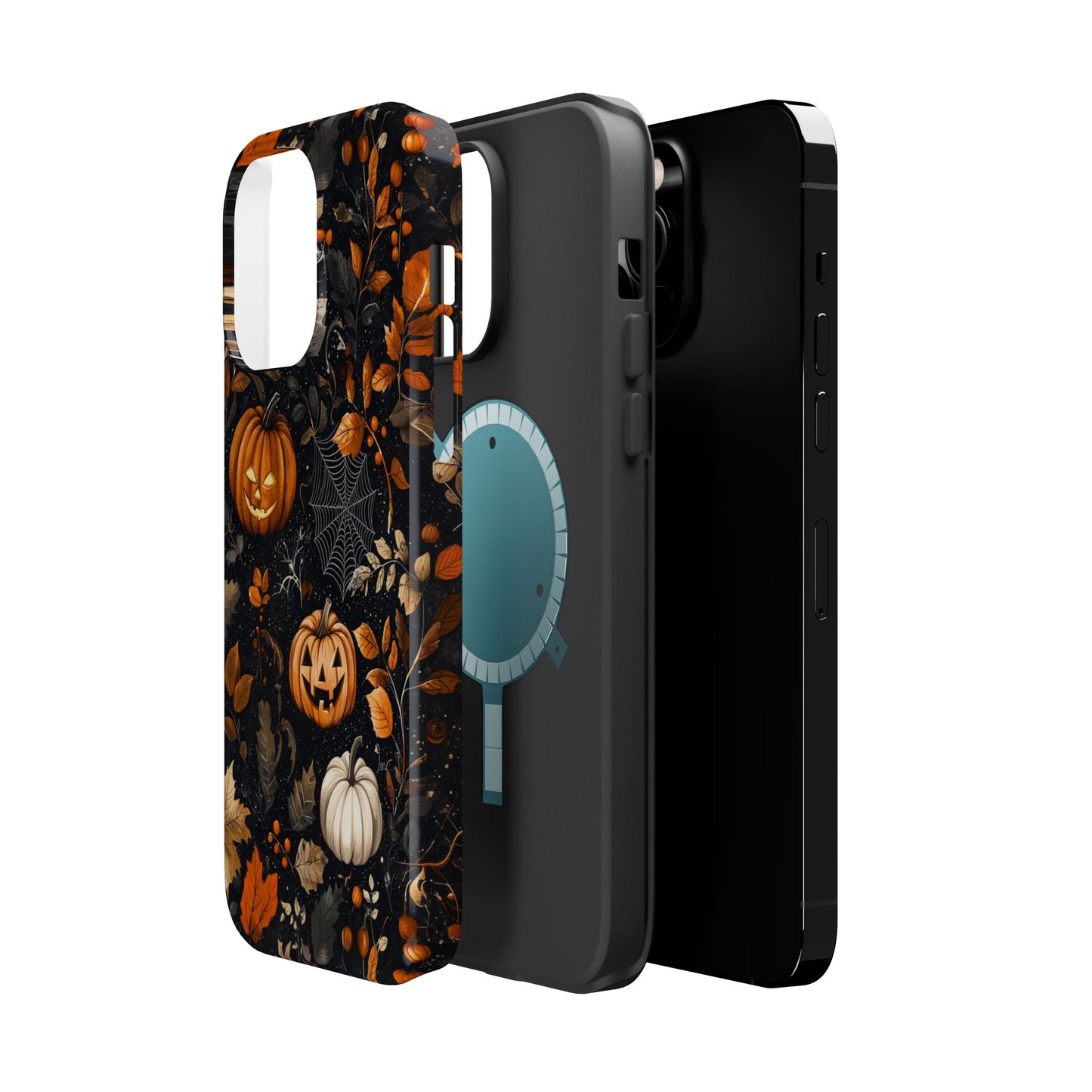 Elegant Halloween MagSafe iPhone Case – Pumpkin Jack-o'-Lanterns, Cobwebs & Autumn Foliage Design