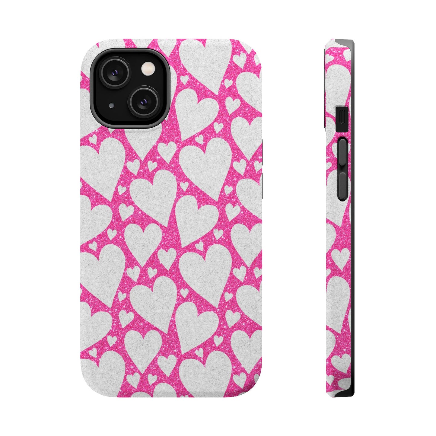 Pink and Silver Glitter Heart Pattern MagSafe Case