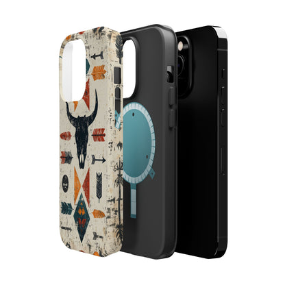 Tribal Bull Skull & Arrows Tough MagSafe iPhone Case – Rustic Western Design, Dual-Layer Protection