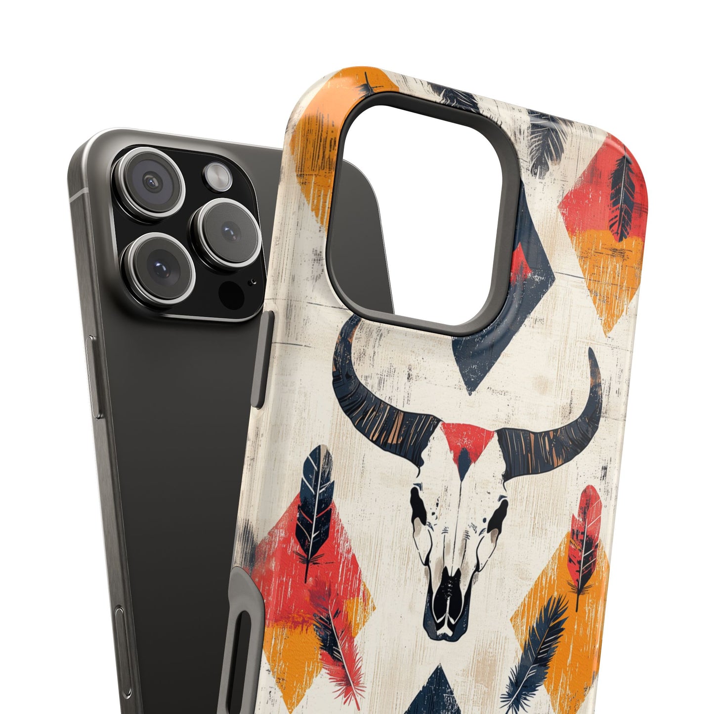 Western Bull Skull & Feathers Tough Mag Safe iPhone Case – Bold Tribal Design, Dual-Layer Protection