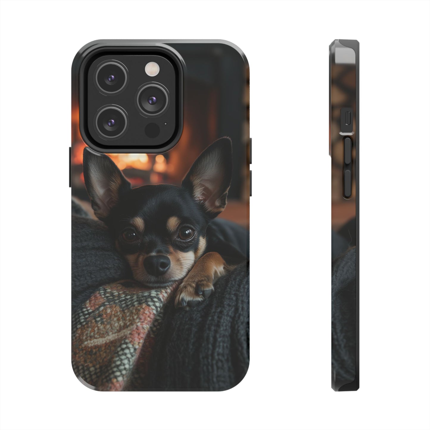 Cozy Chihuahua Fireplace iPhone Case – Warm and Stylish Design