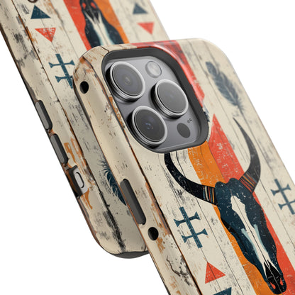 Rustic Western Bull Skull Tough MagSafe iPhone Case – Distressed Wood Design, Dual-Layer Protection