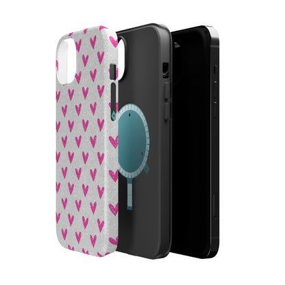 Pink Hearts on Glitter Silver – MagSafe iPhone Case