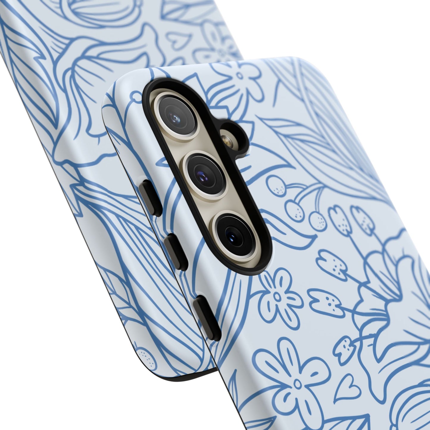 Dusty Blue Floral Line Art Tough Samsung Galaxy Case – Minimalist Botanical Design with Dual-Layer Protection