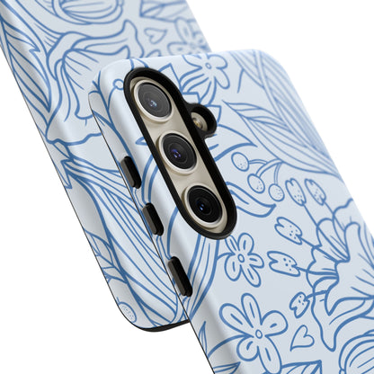 Dusty Blue Floral Line Art Tough Samsung Galaxy Case – Minimalist Botanical Design with Dual-Layer Protection