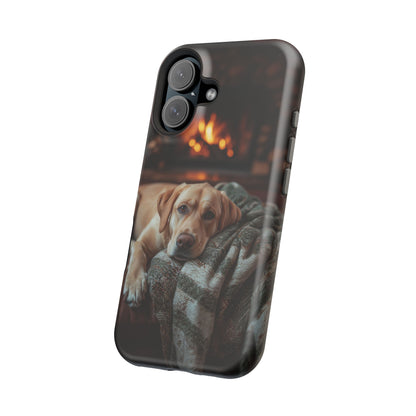 Cozy Labrador by Fireplace MagSafe iPhone Case – Rustic Cabin Protective Cover