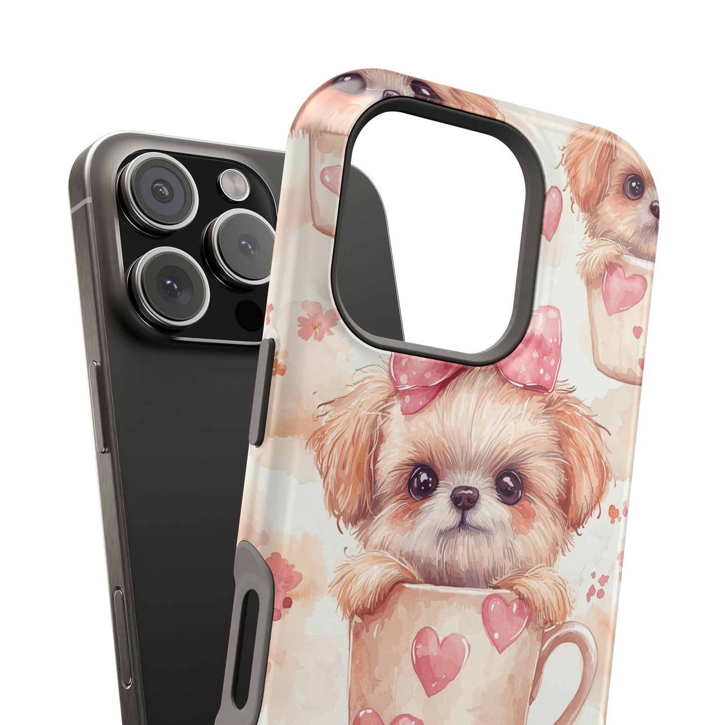 Adorable Puppy in Teacup MagSafe iPhone Case – Tough, Dual-Layer Protection with Cute Pink Bow Design