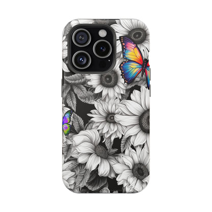 Rainbow Butterflies & Monochrome Sunflowers – MagSafe iPhone Case