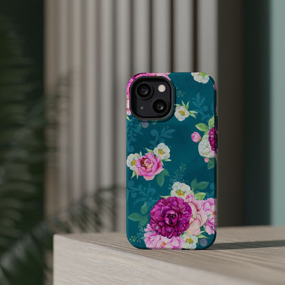 Elegant Peony Bouquet MagSafe iPhone Case – Deep Teal Background with Romantic Floral Design