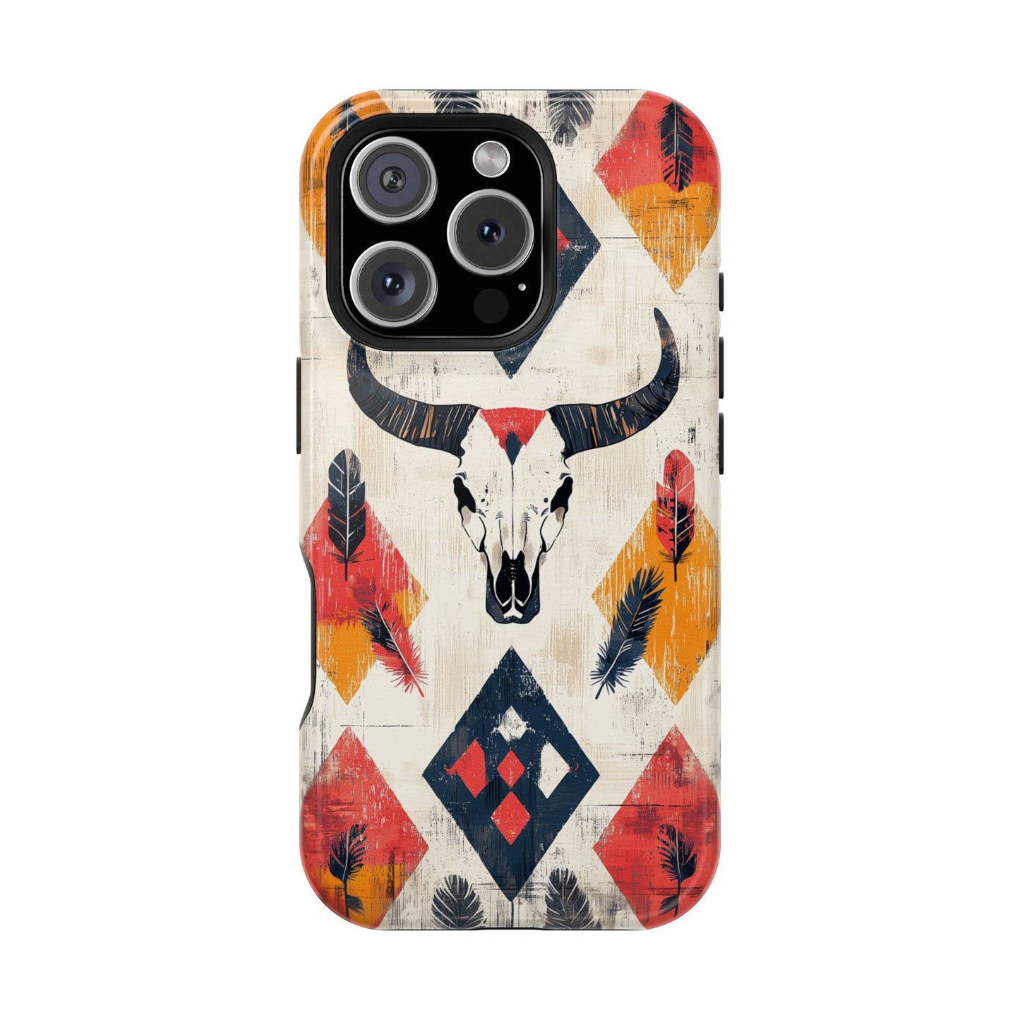 Western Bull Skull & Feathers Tough Mag Safe iPhone Case – Bold Tribal Design, Dual-Layer Protection