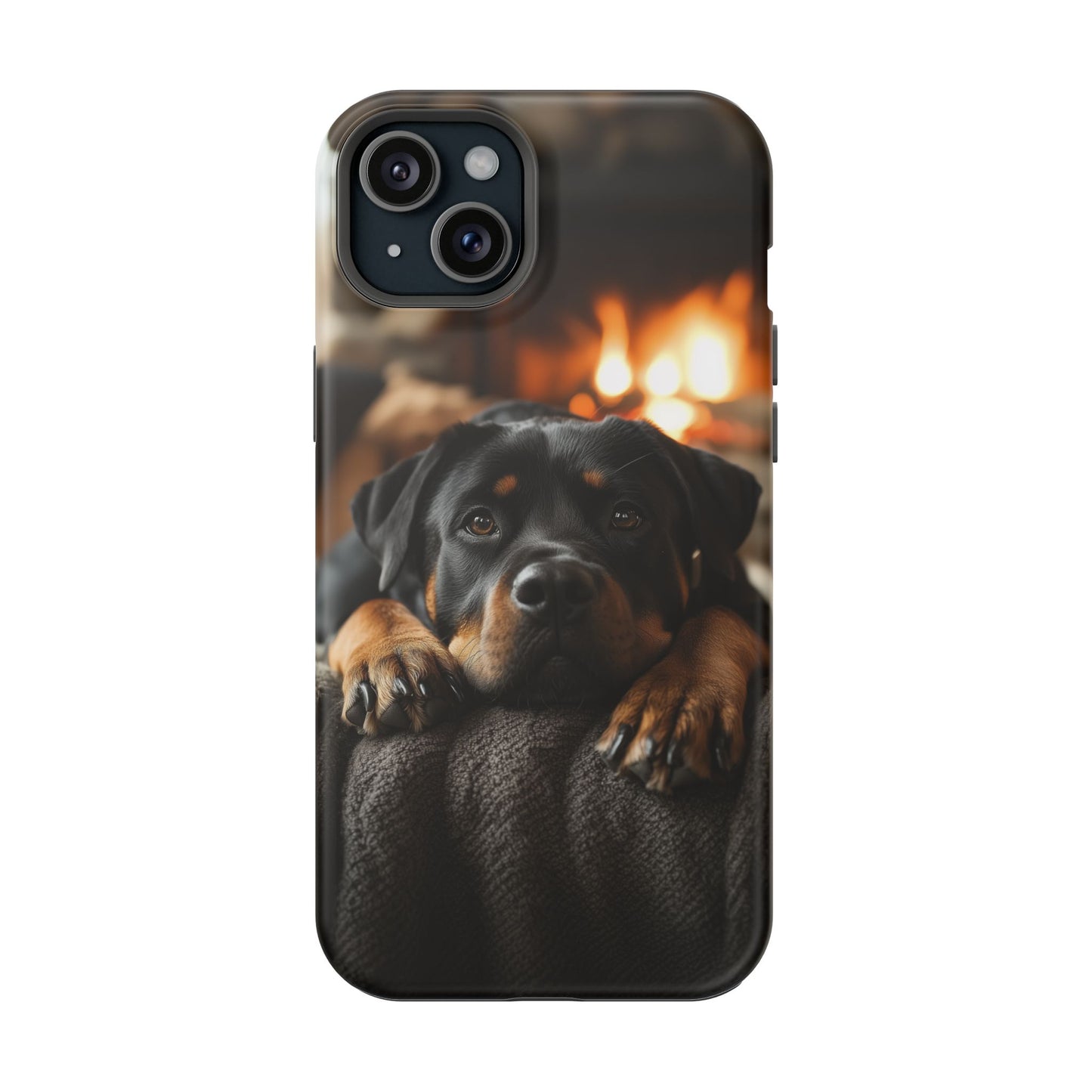 Cozy Rottweiler by the Fireplace MagSafe iPhone Case – Warm Rustic Design