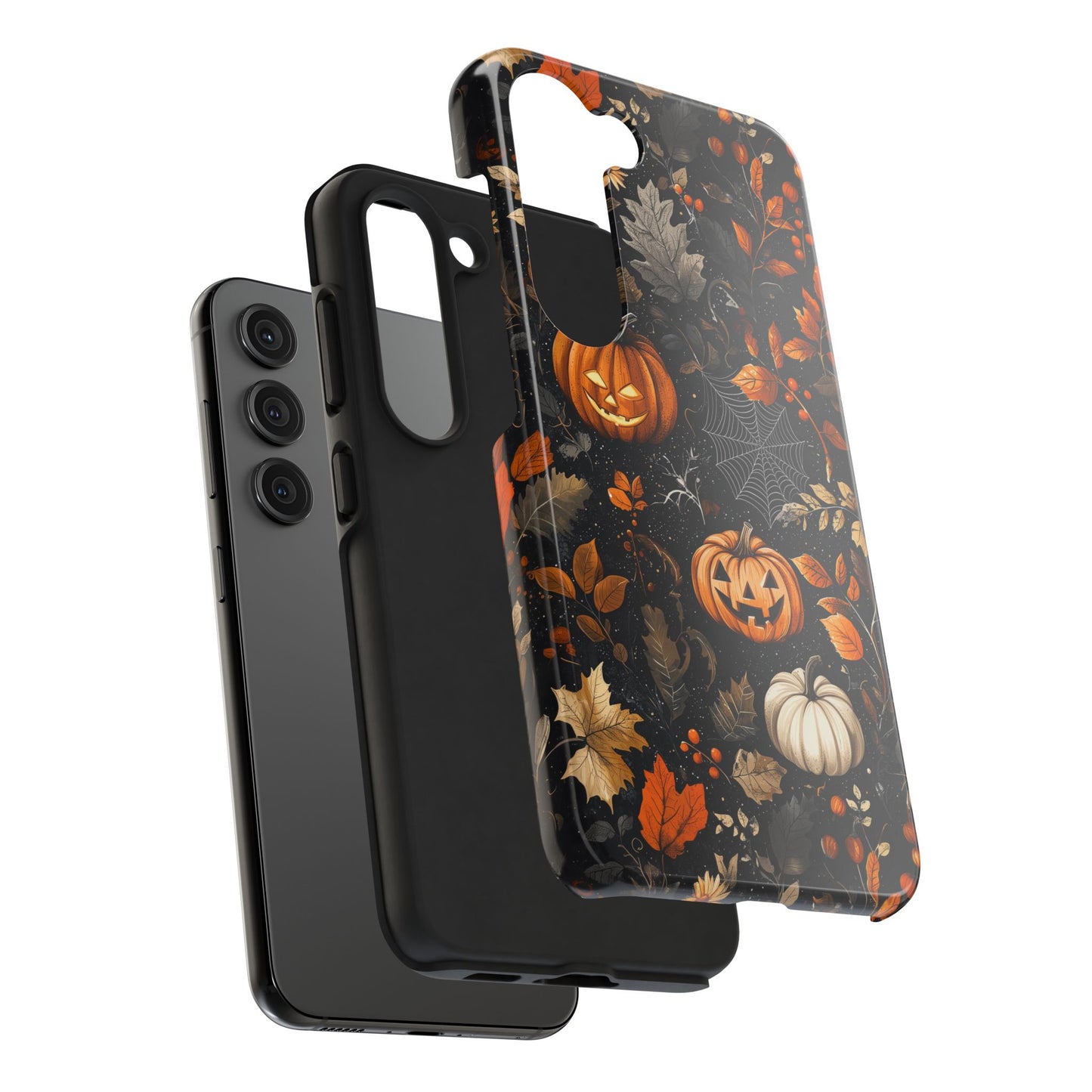 Elegant Halloween Samsung Galaxy  Case – Pumpkin Jack-o'-Lanterns, Cobwebs & Autumn Foliage Design