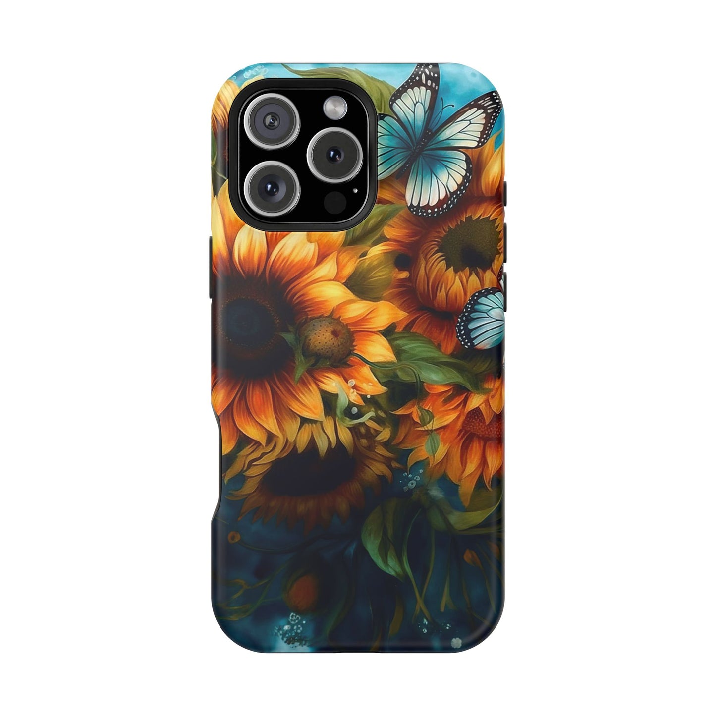 Aqua Blue Butterfly & Sunflower Art – MagSafe iPhone Case