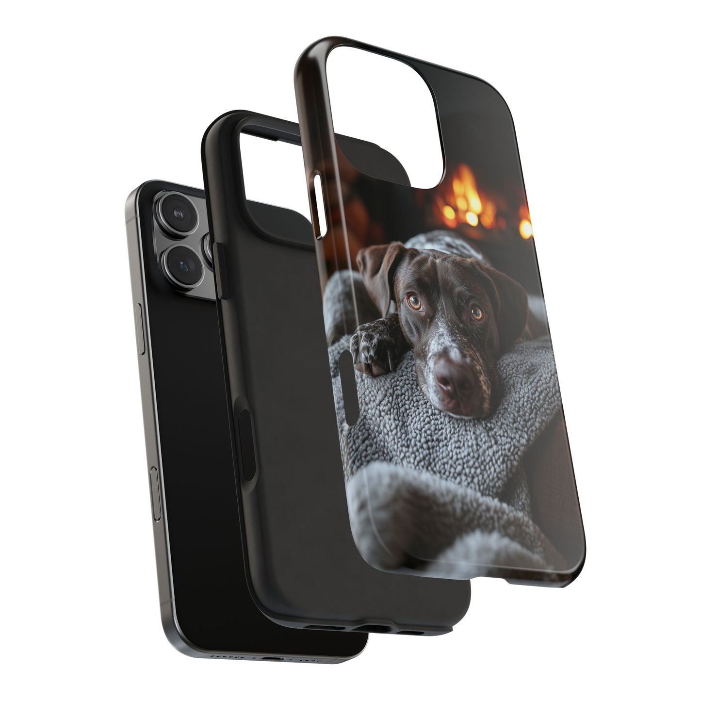 Cozy German Shorthaired Pointer iPhone Case – Rustic Fireplace Protective Cover