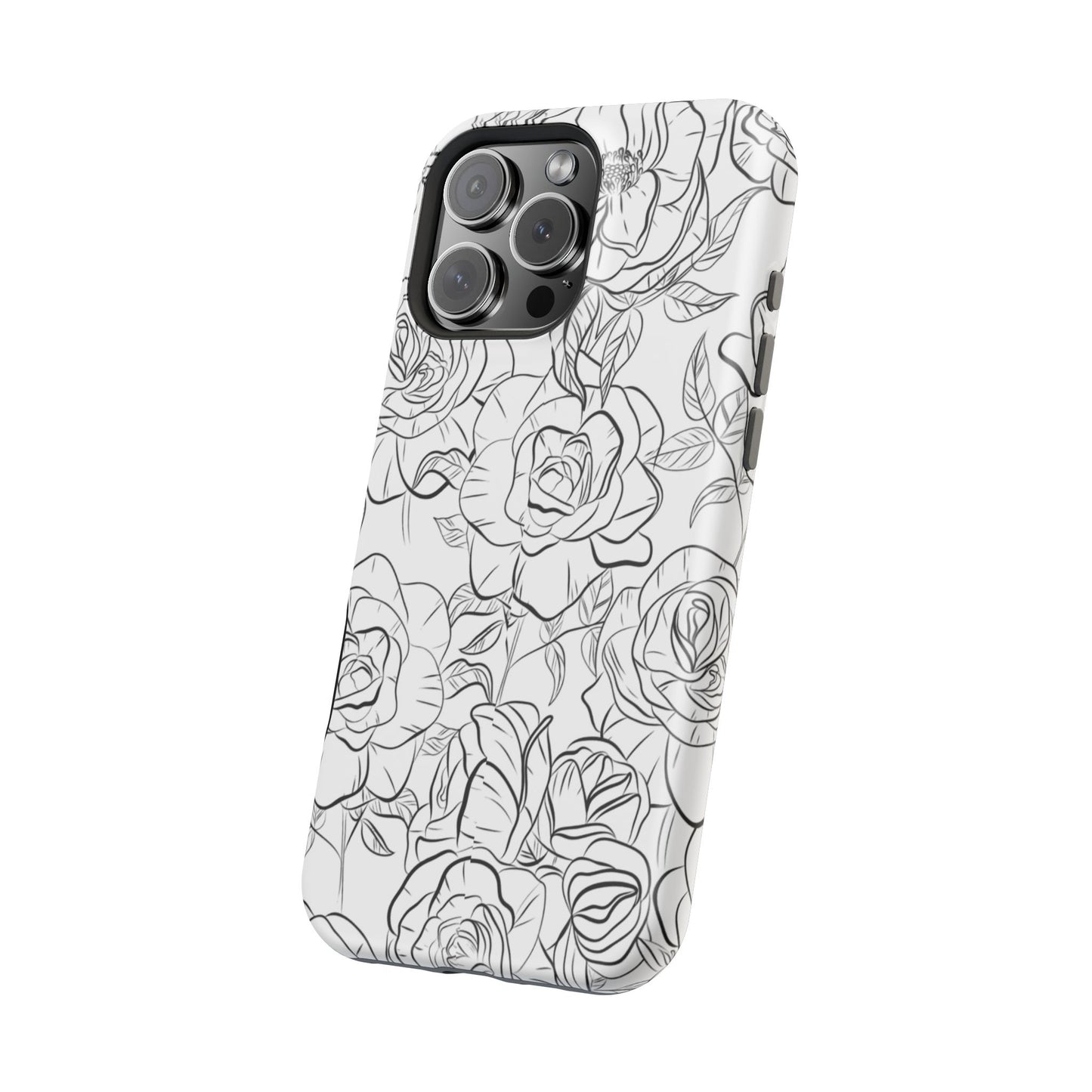 Monochrome Rose Garden Tough MagSafe iPhone Case – Elegant Floral Line Art with Dual-Layer Protection