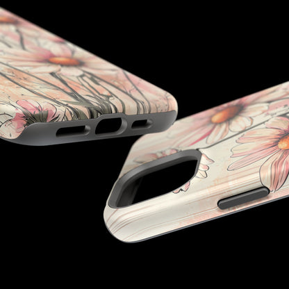 Pastel Pink Daisy MagSafe iPhone Case - Elegant Floral Plaid Protective Cover