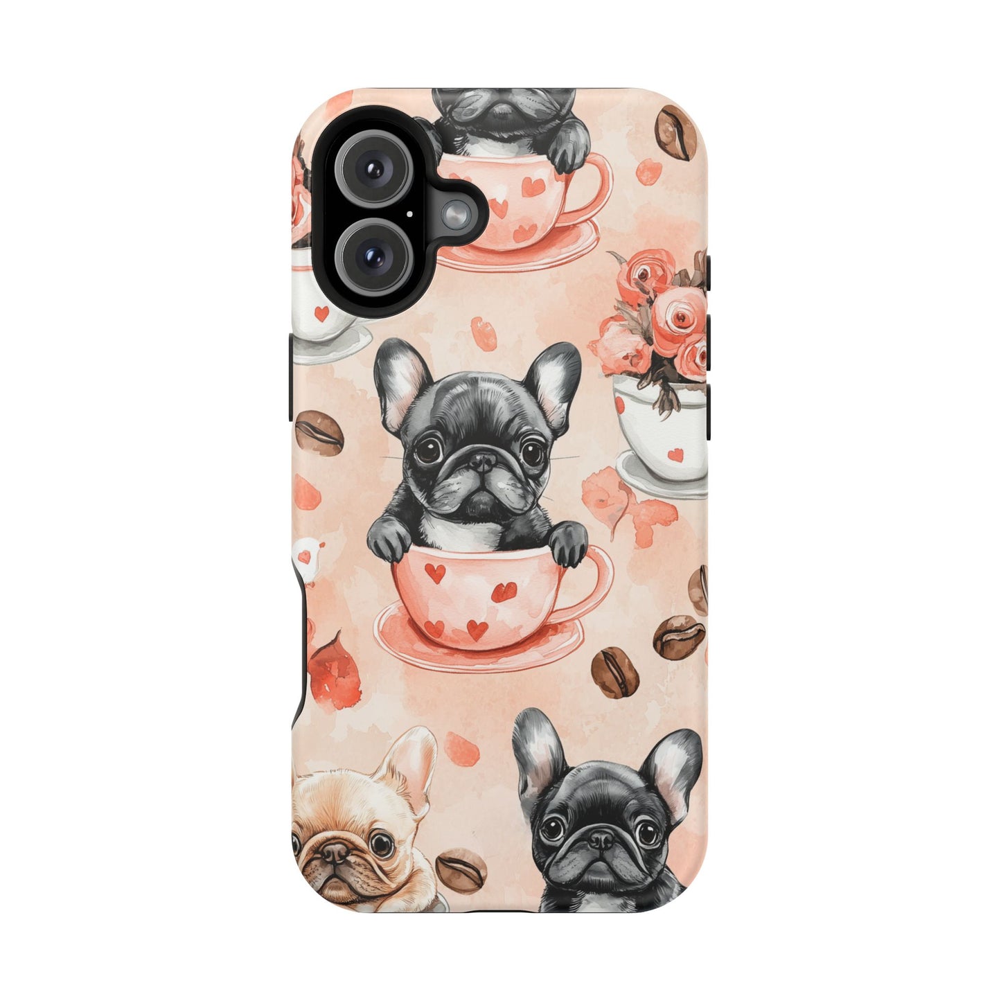 French Bulldogs in Heart Teacups MagSafe iPhone Case – Cute Dog & Floral Design, Shockproof Protection