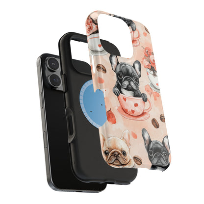 French Bulldogs in Heart Teacups MagSafe iPhone Case – Cute Dog & Floral Design, Shockproof Protection