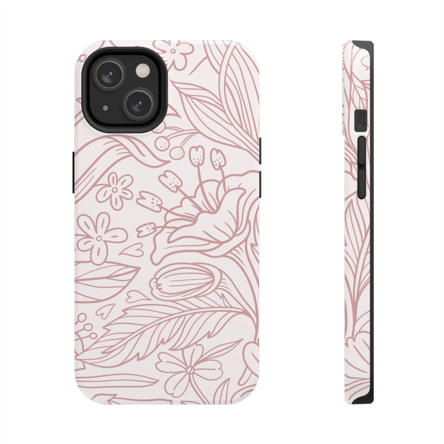 Blush Floral Line Art Tough iPhone Case – Delicate Minimalist Design with Dual-Layer Protection