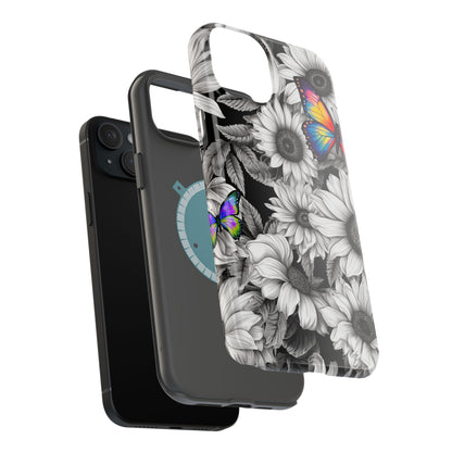 Rainbow Butterflies & Monochrome Sunflowers – MagSafe iPhone Case