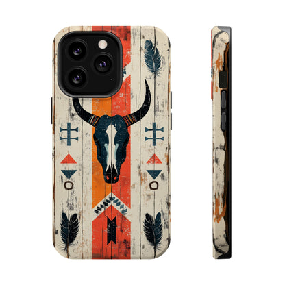 Rustic Western Bull Skull Tough MagSafe iPhone Case – Distressed Wood Design, Dual-Layer Protection