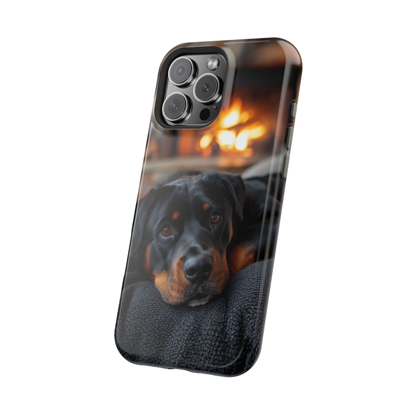 Charming Rottweiler by the Fireplace MagSafe iPhone Case – Cozy & Functional Design