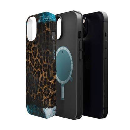 Boho Leopard and Turquoise Tough MagSafe iPhone Case – Rustic Western Design with Dual-Layer Protection