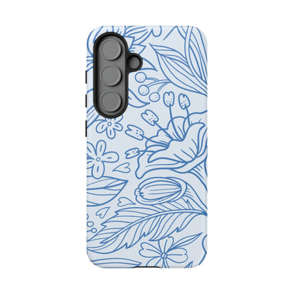 Dusty Blue Floral Line Art Tough Samsung Galaxy Case – Minimalist Botanical Design with Dual-Layer Protection