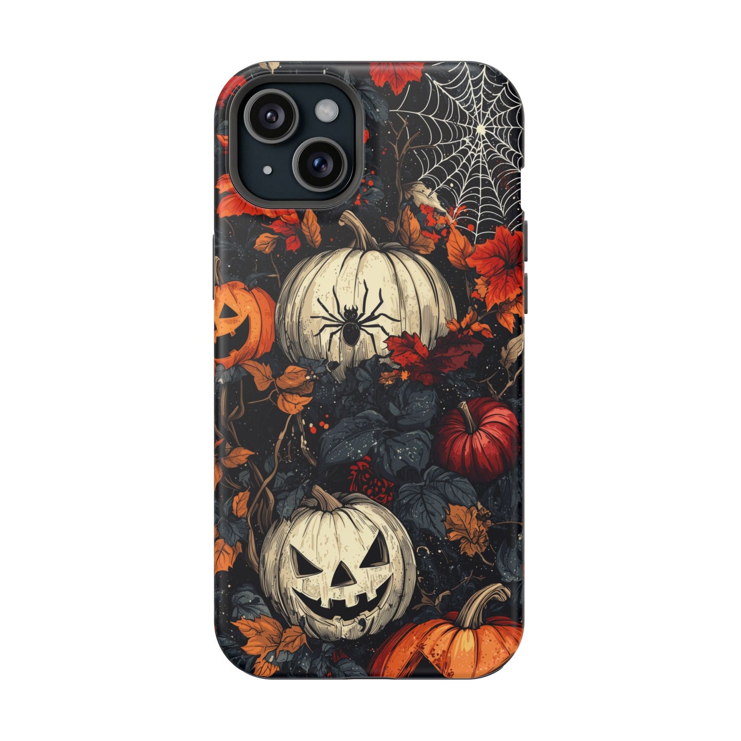 Hauntingly Elegant Halloween MagSafe iPhone Case – Pumpkins, Spiders, and Autumn Leaves Design